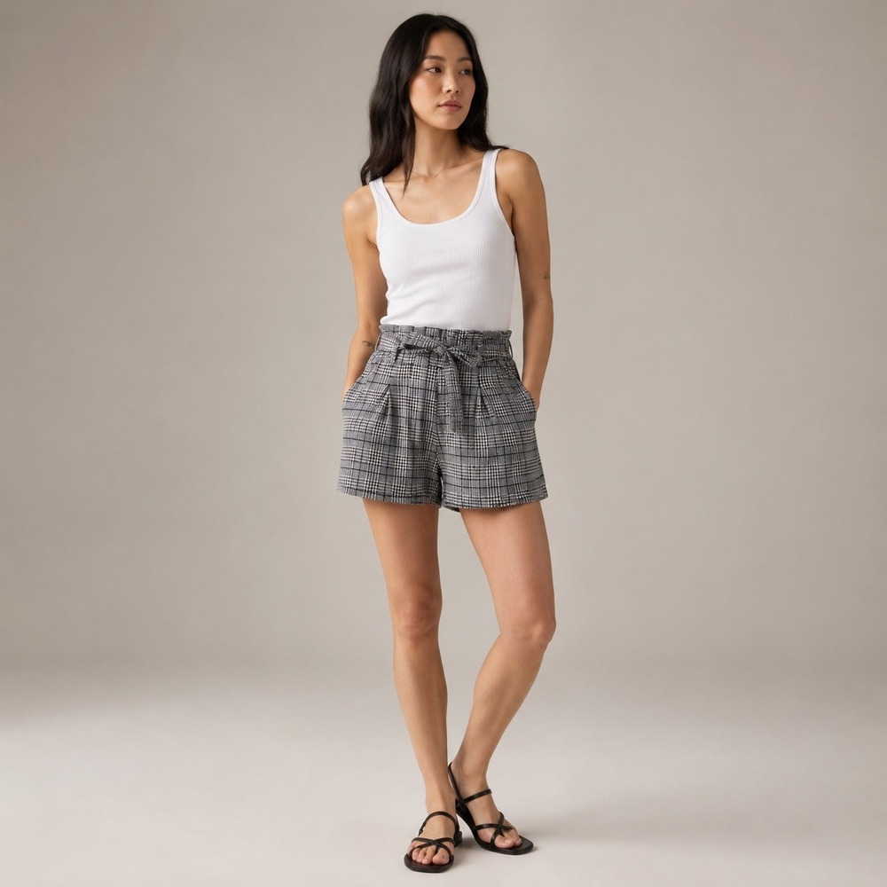 Womens Gray Plaid Paperbag Waist Tie Belt Shorts P3407 L/XL